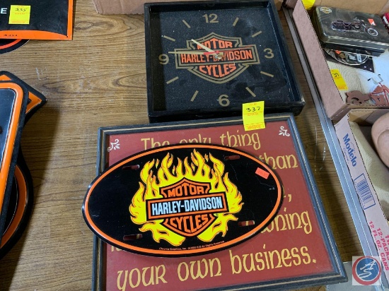 Harley Davidson Clock, Framed Sign, And Harley Davidson Sign
