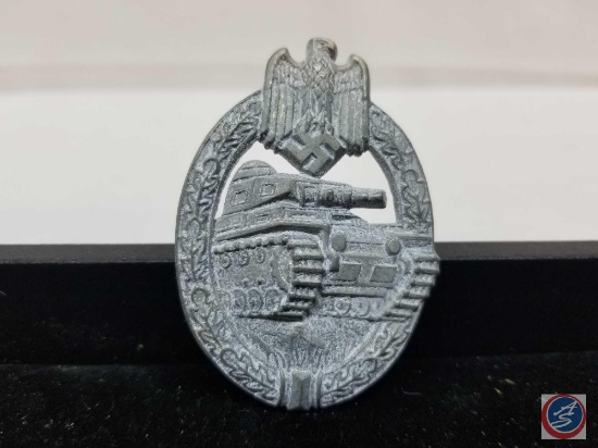 German WWII Army Silver Panzer Tank Assault Badge with German Army Eagle Clutching Swastika at Top
