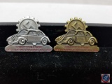 (2) German WWII 1938 Volkswagen VW Ground Breaking Plant Works Badges Shows Profile of a VW Bug Car