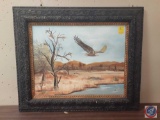 Eagle Flying From Tree Painting Framed On Canvas Signed L. Naslund Measuring 22
