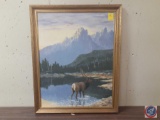 Elk Standing In Water With Mountain Scape Framed Canvas Signed Miles L Maryott Measuring 32