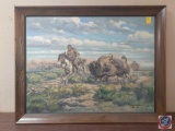 Native American Hunting A Bison Framed Signed Carson Anderson Measuring 45