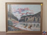 Pair Of Elk In Water With Mountain Scape Framed Canvas Signed Miles L Maryott Measuring 46