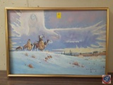 Native Americans In The Winter Plains Framed Canvas Signed Daniel Lano Soldier Measuring 38