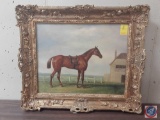 Horse Standing On Farm Framed Painting On Canvas Signed Harrison Measuring 26
