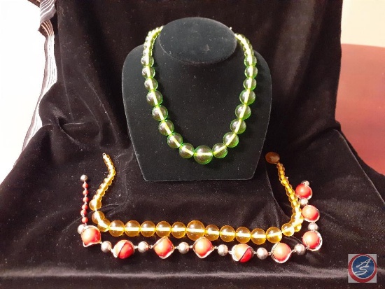 (3) necklaces, yellow clear bead, green clear bead, red and silver-tone bead