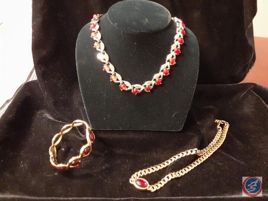 red necklace and bracelet {{Clasp Needs Repair}},...2nd red necklace goldtone