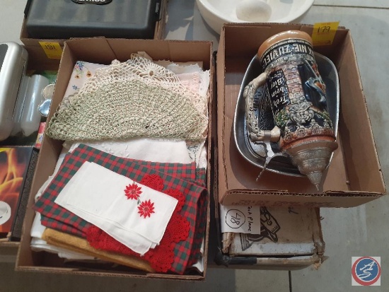 Beer Stein Marked 1000/31, Metal Bread Plate, Assorted Cloth Napkins