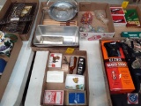Skeleton Keys, Playing Cards, Dice, Vintage Amber Glass Medicine Bottle, Silver Tray with Handle and