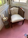 Three Tier Plant Stand, (2) Wicker Wood and Cushioned Setting Chairs (ONE NEEDS NEW SEAT)...