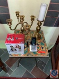 Candelabra, Candle Stick Holder w/ Candle. V Tech Cordless Phone (Unsure if Complete) Ornate Table..