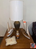 Lamp, (2) Vintage Sailboat Replicas, Small Embroidered Pillow...