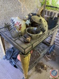 Vintage Serving Cart w/ Outdoor Frog Decorations, Planters