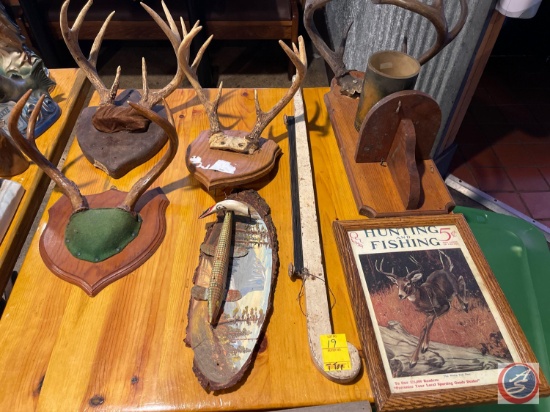 Assorted Sets of Antlers, Vintage Spear Gun and Framed Hunting and Fishing Magazine Cover From