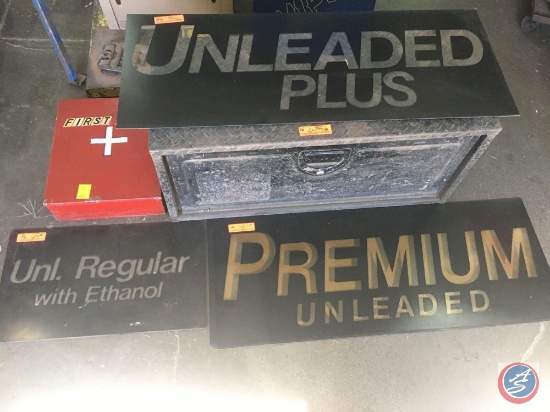 Gas Pump Signs, Truck Tool Box w/Key, Vintage First Aid Metal Box