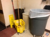 (3) Trash Cans, Mop Bucket, Mop, Broom and More