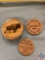 (2) Wooden nickels from Walt Hill NE and a Plato commission company moving pin