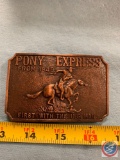 Pony express copper belt buckle and a racehorse with a jockey hat ashtray made of brass