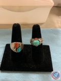 (2) men?s rings the one on left a sterling with Coral and Turquoise the one on the right is beads