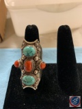 Coral and turquoise ring stamp 925 silver on the inside