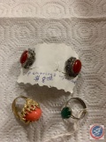 Pair of Marcusite earrings, Coral Ring and Emerald Stone Ring