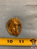 Horse pin, brass pillbox, brass convention name tag Omaha Nebraska, St. Christopher medal