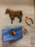 Sterling horse western saddle pen Sterling horse head pen and a gold tone horseshoe charm