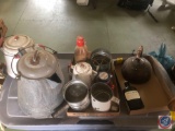 Enamelware Pitchers, Assorted Vintage Flower Sifters and Tea Pot and More