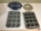 (2) Cupcake Pans, (1) Vintage Blue Speckled Roasting Pan, and Decorative Metal Plate