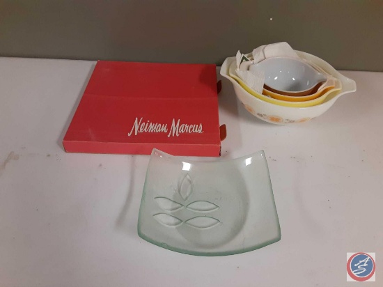 ...Neiman Marcus Serving Platter, Pyrex Stackable Serving Bowls and Glass Serving Platter