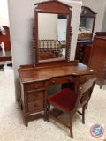 Antique Wood Bedroom Set. Vanity w/Mirror and Chair, Dresser 5-Drawer,...w/Head/Foot/Side...Boards a