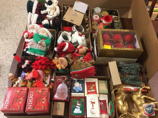 Plush Santa and Mrs. Claus, Red Bulb Ornaments, Nikko Lights, Plush Reindeer, Mikasa Bell Ornament,