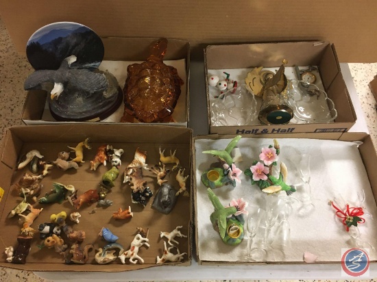 Amber Glass Turtle Candy Dish with Lid, Assorted Animal Figurines Including Bone China Horses