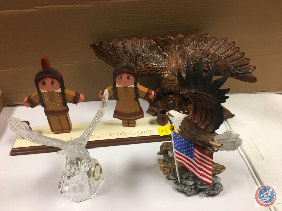Thanksgiving Decor of (2) Indigenous Children, Glass Eagle with Clock, Ceramic Eagle and Wood Eagle.