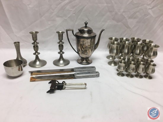 Pewter Cups, Home Made Knives, Candle Stick Holders and More