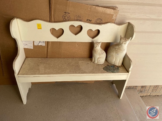 Bench Seating Measuring 42'' X 11'' X 32'', (2) Cat Door Stops and Heart Shaped Cement Yard Ornament