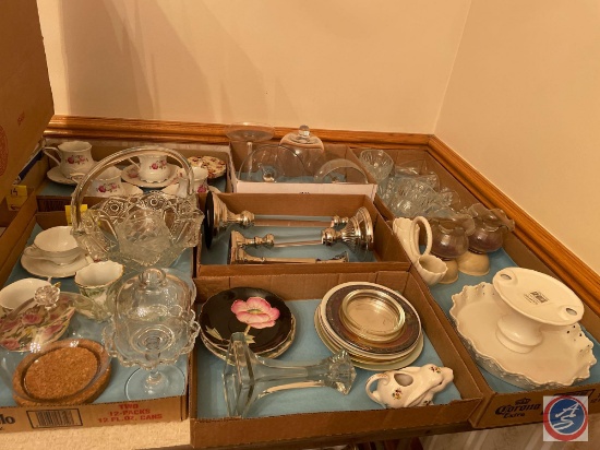 Candlewick Footed Glasses, Assorted Sized Cake Stands, Cups and Saucers, Cut Glass Basket,