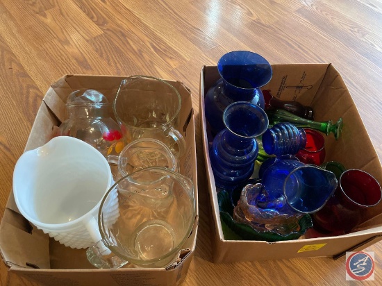 Assorted Pitchers Including Milk Glass Hobnail Style, Blue Glass Pitchers and Vases, Red Glass Vases