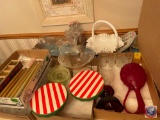 Milk Glass Basket, Red Hobnail Style Vase, (10) Clear Glass Shotglasses, (2) Holiday Cheese Stands,