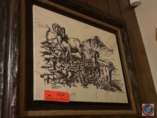 Framed Ram Scenery Etched in Marble Signed Guy Collections Art Limited Marked 18/2975 Measuring 25''