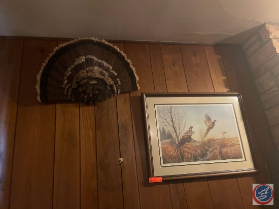 Turkey Feather Display and Framed Print of Flying Pheasant Signed Rick Mordel Marked 813/1000
