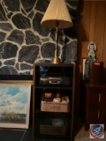 Four Tier Entertainment Cabinet Measuring 22'' X 16'' X 42'', Table Top Lamp with Shade, Wood Bowls,