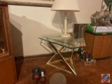 Art Deco End Table Measuring 34 1/2'' X 30'' X 21'', (2) Vintage Dumbbells and Cement Ball