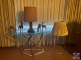 Art Deco Sofa Table Measuring 48'' X 20'' X 26'', (4) Brass Deer Statues, Table Top Lamp with Hoof