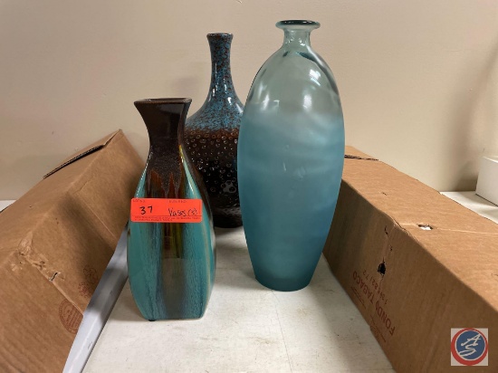 Sage green And Brown Vase (11 1/2", Also A Blue Vase (15") Also A Round Ceramic Blue And Brown Vase