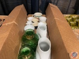 (2) Tag White Ceramic Water Pitchers, (2) Green Decorative Glass Bottles, Plus More