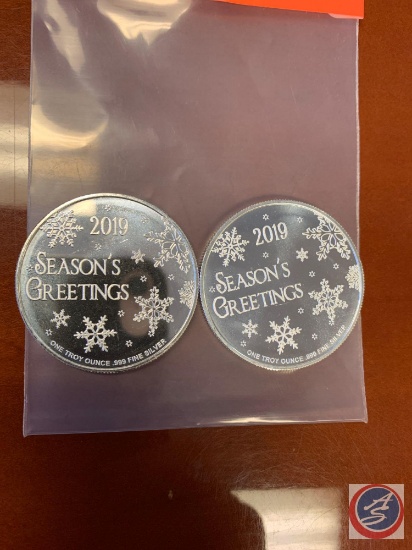 (2) SILVER HOLIDAY ROUNDS, 1 TROY OUNCE EACH, .999 FINE SILVER