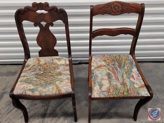 2 Vintage wooden chairs with tapestry