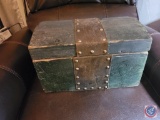 Vintage Green Wood Chest, Leather with Brass nail and Brass handles