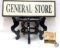 Home decor; General Store sign, plant stand, Musket ball display